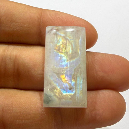 Natural Rainbow Moonstone Rectangle Cabochon, Blue Flash Jewelry Making Stone (29x15x7.5mm)