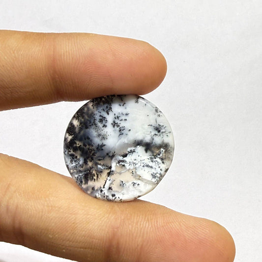 Natural Dendritic Opal Round Cabochon, Scenic Dendrite Gemstone, Black White Loose Stone, Round Cabochon for Jewelry Making, (24x4 mm 21cts)