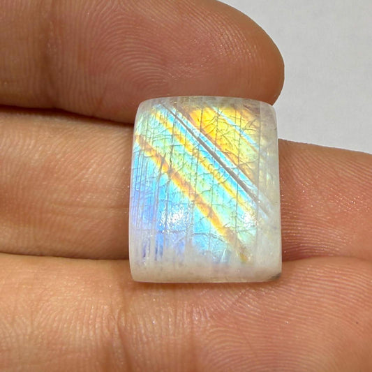 Natural Rainbow Moonstone Rectangle Cabochon | Blue Flash Moonstone Loose Gemstone Jewelry Making Stone | Ring & Pendant ( 17x13x7 mm 19cts)