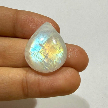 Natural Blue Rainbow Moonstone Pear Cabochon, 25.5x21x8mm, 33cts, Loose Gemstone for Jewelry Making