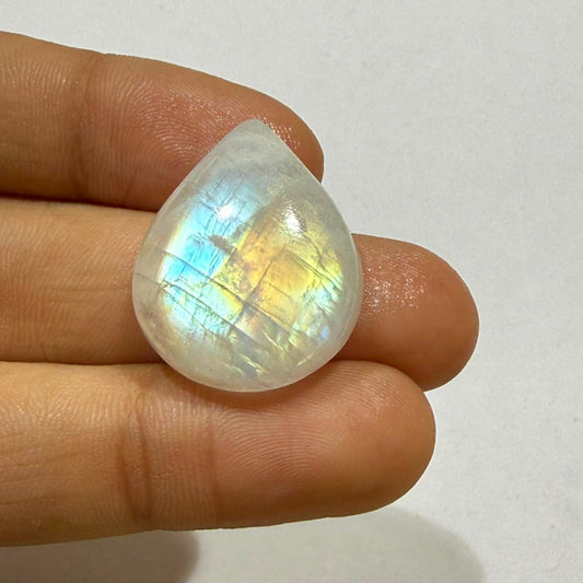 Natural Rainbow Moonstone Pear Cabochon | Blue & Golden Flash Moonstone | Pear Shape Loose Gemstone Jewelry Making Stone (25.5x21x8, 33mm)