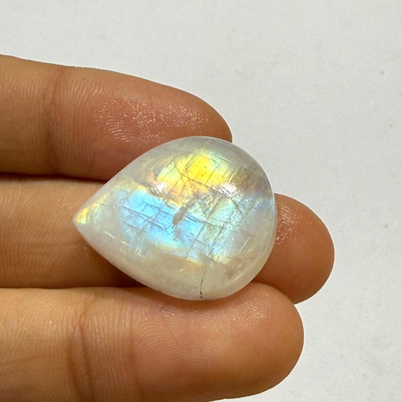 Natural Rainbow Moonstone Pear Cabochon | Blue & Golden Flash Moonstone | Pear Shape Loose Gemstone Jewelry Making Stone (25.5x21x8, 33mm)