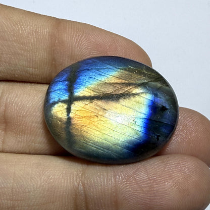 Natural Rainbow Labradorite Round Cabochon, Blue Gold Flash Gemstone, Oval Loose Stone, Jewelry, Crystal Healing Gift (28x23.5x6.5mm  36cts)
