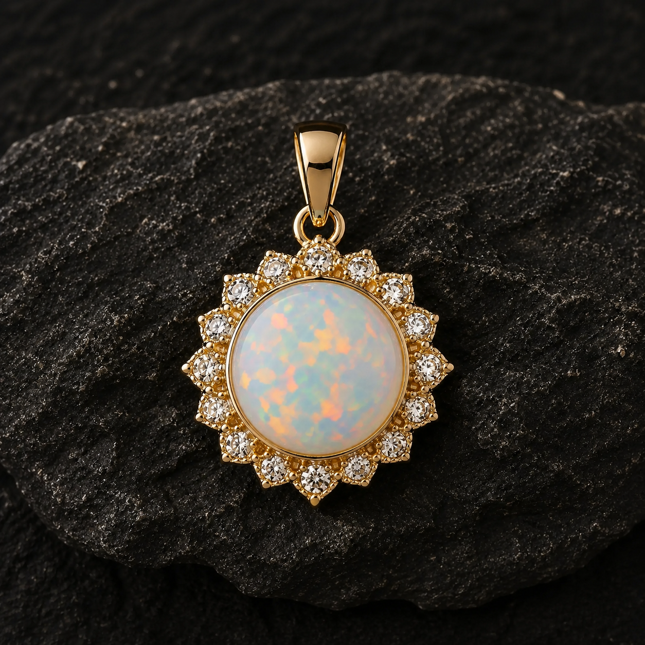 Gold Plated Sterling Silver Sunburst Opal Pendant, Round Cabochon Charm