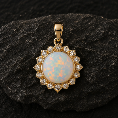 Gold Plated Sterling Silver Sunburst Opal Pendant, Round Cabochon Charm