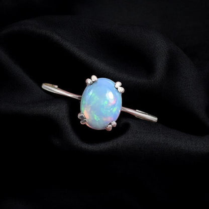 Natural Ethiopian Opal Ring, Oval Cabochon Opal Ring, 925 Sterling Silver Solitaire Ring, October Birthstone Ring, Minimalist Gift for Her