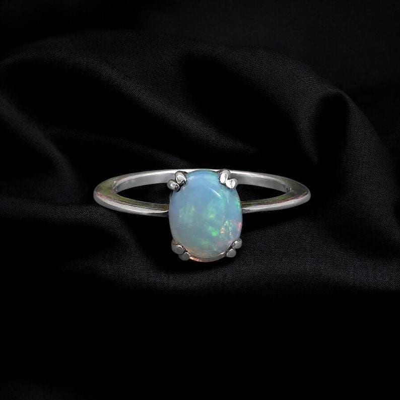 Natural Ethiopian Opal Ring, Oval Cabochon Opal Ring, 925 Sterling Silver Solitaire Ring, October Birthstone Ring, Minimalist Gift for Her