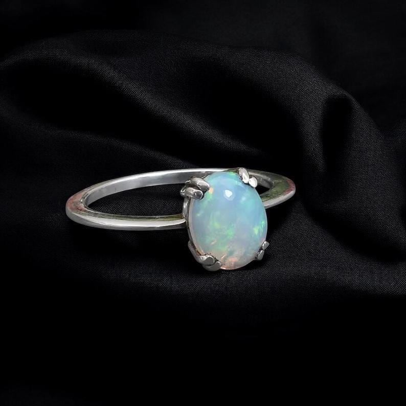 Natural Ethiopian Opal Ring, Oval Cabochon Opal Ring, 925 Sterling Silver Solitaire Ring, October Birthstone Ring, Minimalist Gift for Her