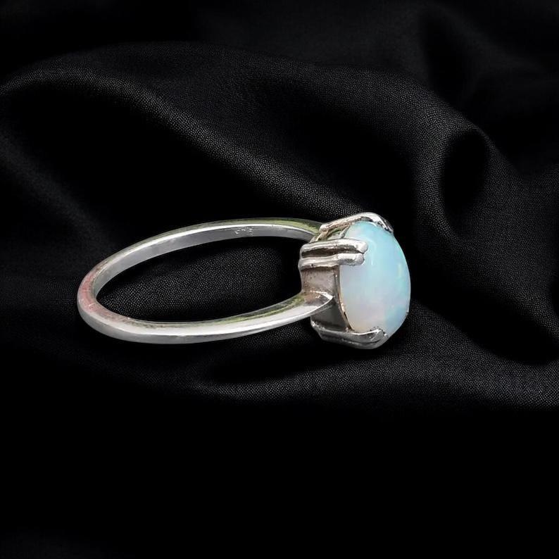 Natural Ethiopian Opal Ring, Oval Cabochon Opal Ring, 925 Sterling Silver Solitaire Ring, October Birthstone Ring, Minimalist Gift for Her