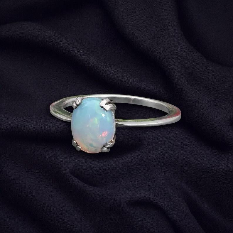 Natural Ethiopian Opal Ring, Oval Cabochon Opal Ring, 925 Sterling Silver Solitaire Ring, October Birthstone Ring, Minimalist Gift for Her