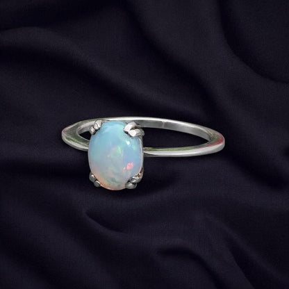 Natural Ethiopian Opal Ring, Oval Cabochon Opal Ring, 925 Sterling Silver Solitaire Ring, October Birthstone Ring, Minimalist Gift for Her