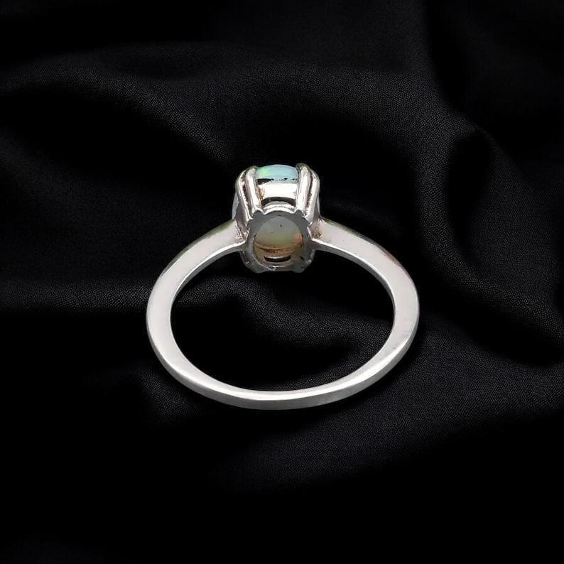 Natural Ethiopian Opal Ring, Oval Cabochon Opal Ring, 925 Sterling Silver Solitaire Ring, October Birthstone Ring, Minimalist Gift for Her