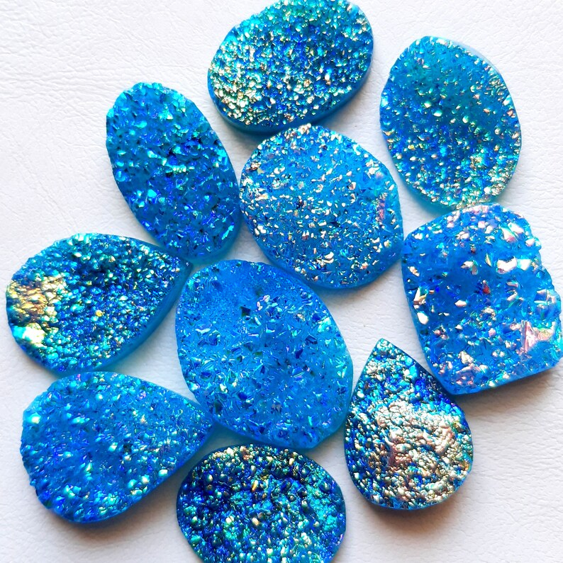 Paraiba Color Titanium Coated Druzy Stone Cabochon Wholesale Lot Gemstone By Pieces With Different Shapes And Sizes Used For Jewelry Making (Natural-Coated)