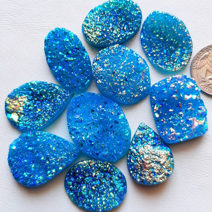 Paraiba Color Titanium Coated Druzy Stone Cabochon Wholesale Lot Gemstone By Pieces With Different Shapes And Sizes Used For Jewelry Making (Natural-Coated)